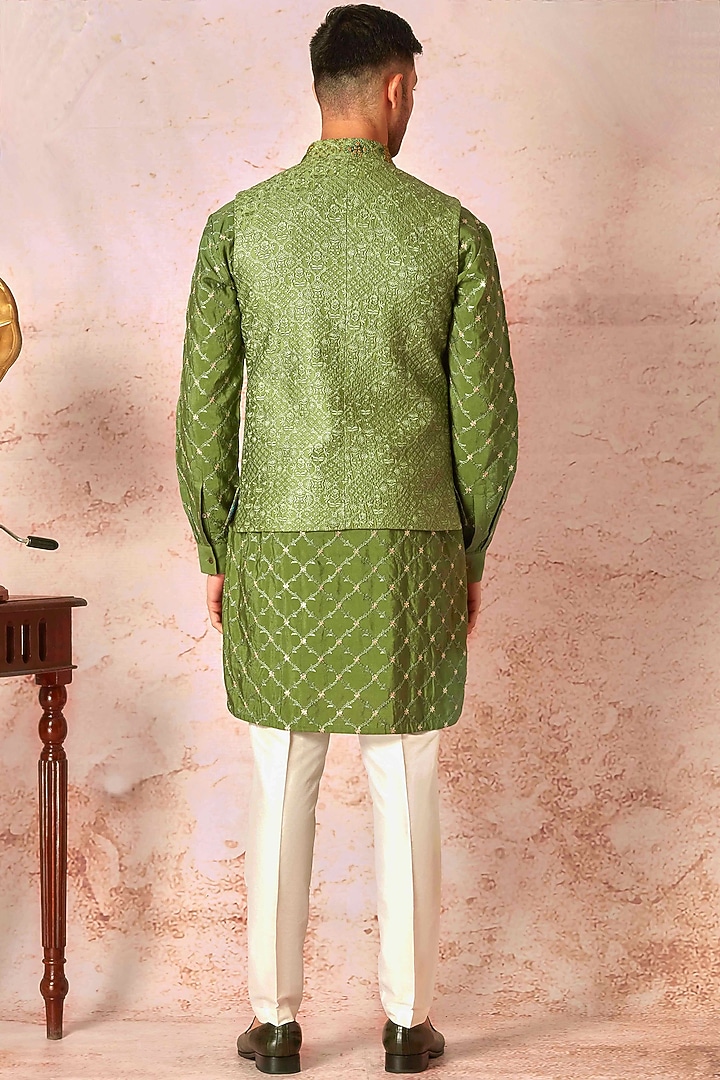 Green Silk Floral Embroidered Bundi Jacket Set by ASUKA at Pernia's Pop Up Shop