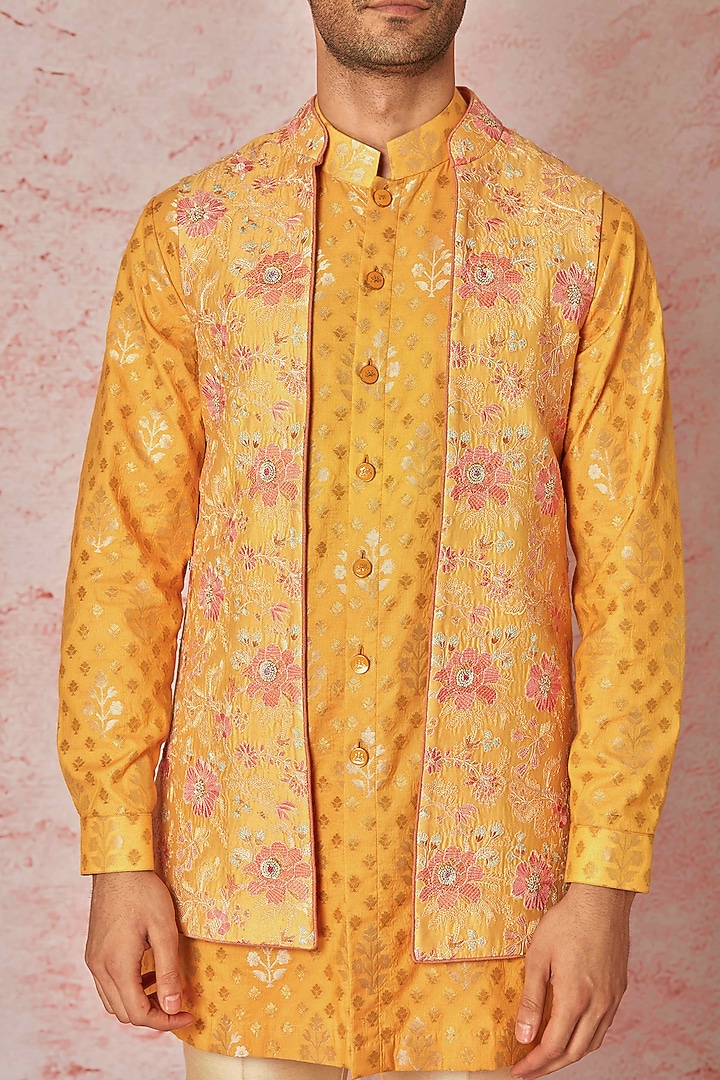 Orange Cotton Silk Floral Embroidered Wedding Indowestern Set by ASUKA at Pernia's Pop Up Shop