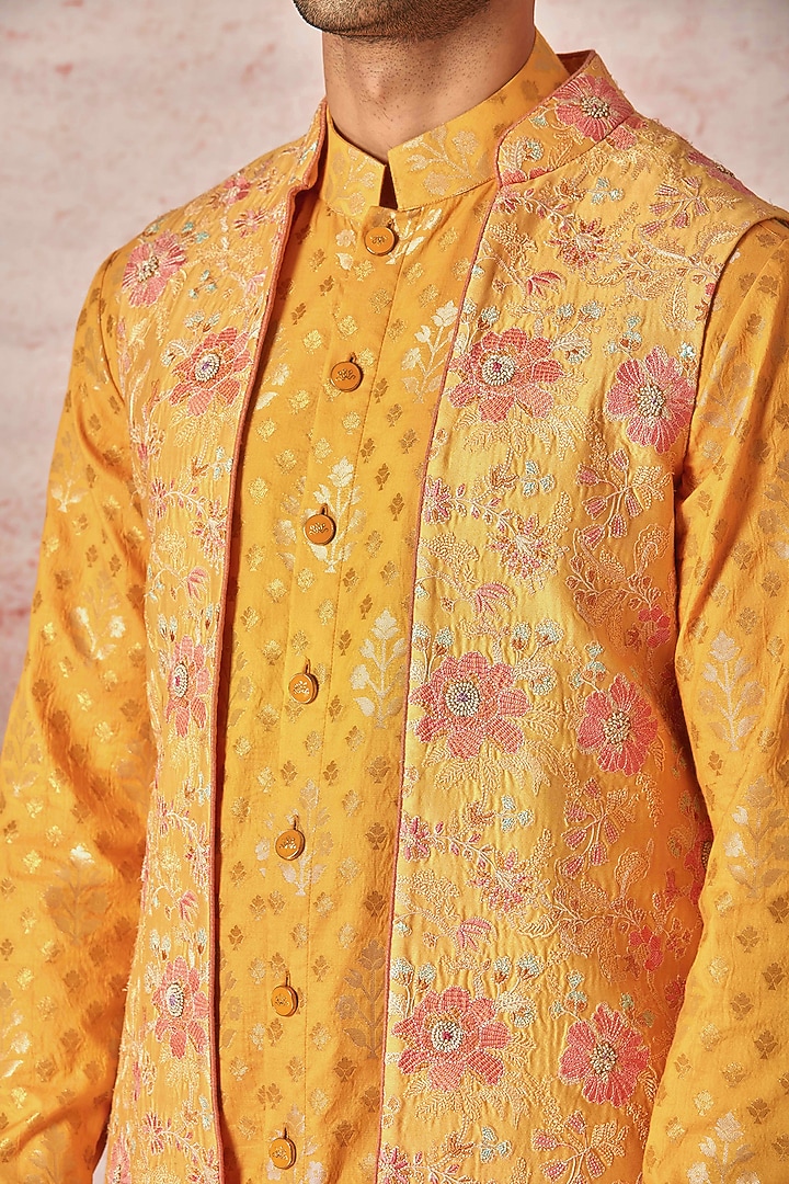 Orange Cotton Silk Floral Embroidered Wedding Indowestern Set by ASUKA at Pernia's Pop Up Shop