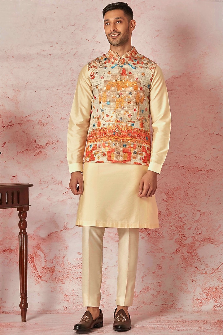 Cream Linen Printed Bundi Jacket Set by ASUKA at Pernia's Pop Up Shop