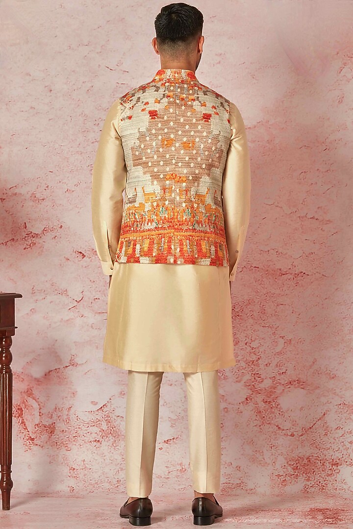 Cream Linen Printed Bundi Jacket Set by ASUKA at Pernia's Pop Up Shop