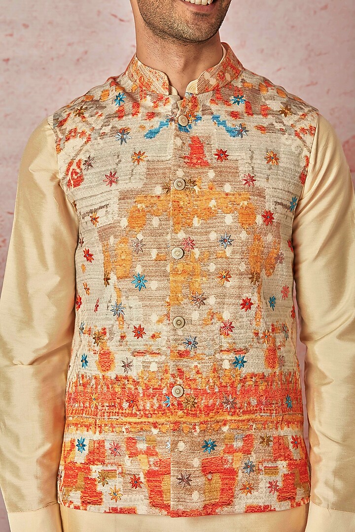 Cream Linen Printed Bundi Jacket Set by ASUKA at Pernia's Pop Up Shop