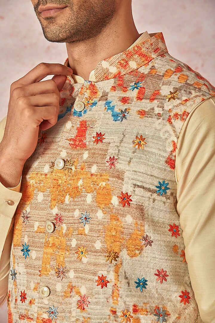 Cream Linen Printed Bundi Jacket Set by ASUKA at Pernia's Pop Up Shop