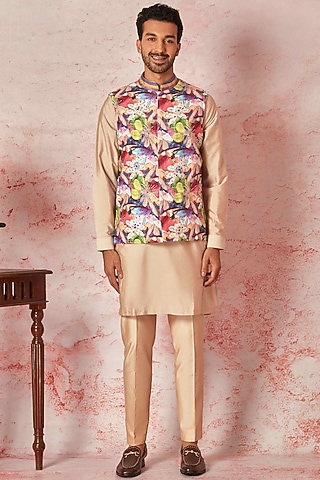 Peach Linen Printed Bundi Jacket Set by ASUKA
