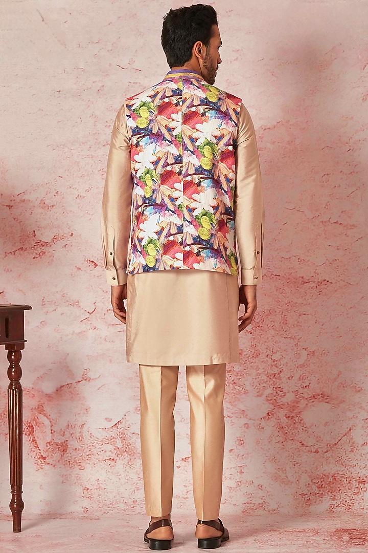 Peach Linen Printed Bundi Jacket Set by ASUKA at Pernia's Pop Up Shop