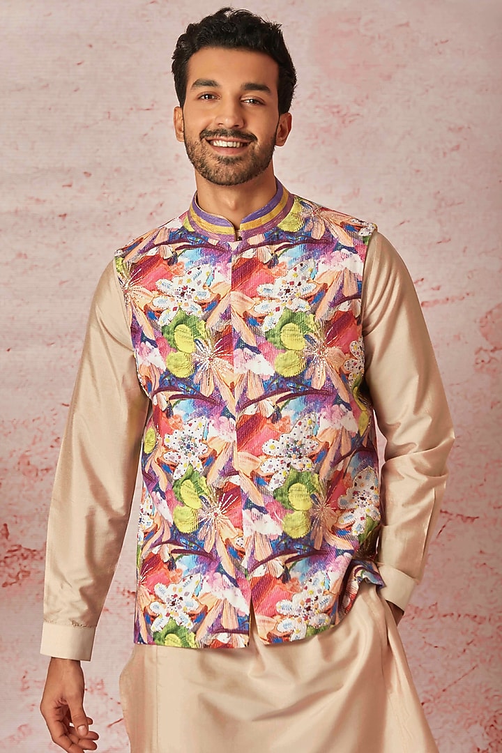 Peach Linen Printed Bundi Jacket Set by ASUKA at Pernia's Pop Up Shop