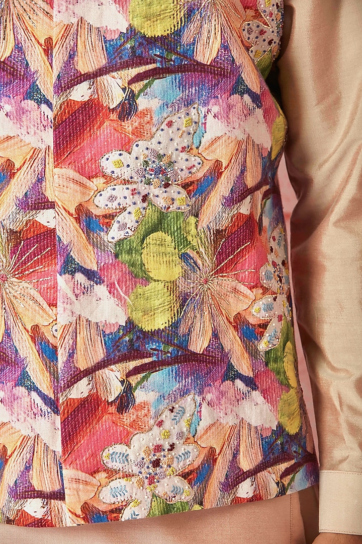 Peach Linen Printed Bundi Jacket Set by ASUKA at Pernia's Pop Up Shop