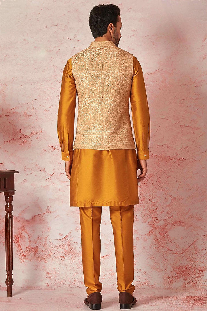 Beige Raw Silk Zari Work Bundi Jacket Set by ASUKA at Pernia's Pop Up Shop