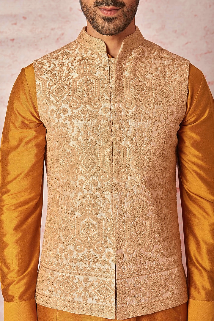 Beige Raw Silk Zari Work Bundi Jacket Set by ASUKA at Pernia's Pop Up Shop