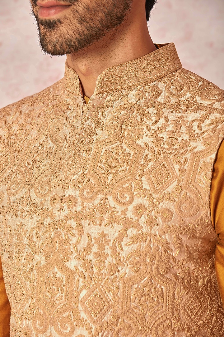 Beige Raw Silk Zari Work Bundi Jacket Set by ASUKA at Pernia's Pop Up Shop