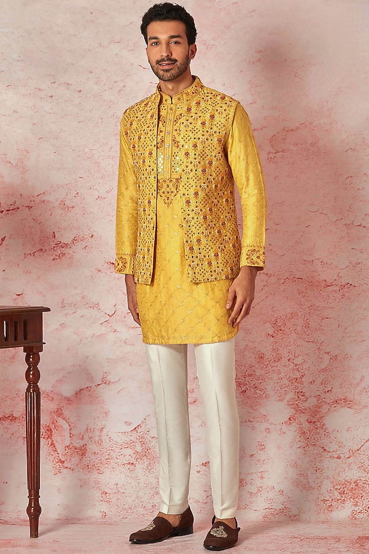 Mustard Chanderi Silk Hand Embroidered Indowestern Set by ASUKA