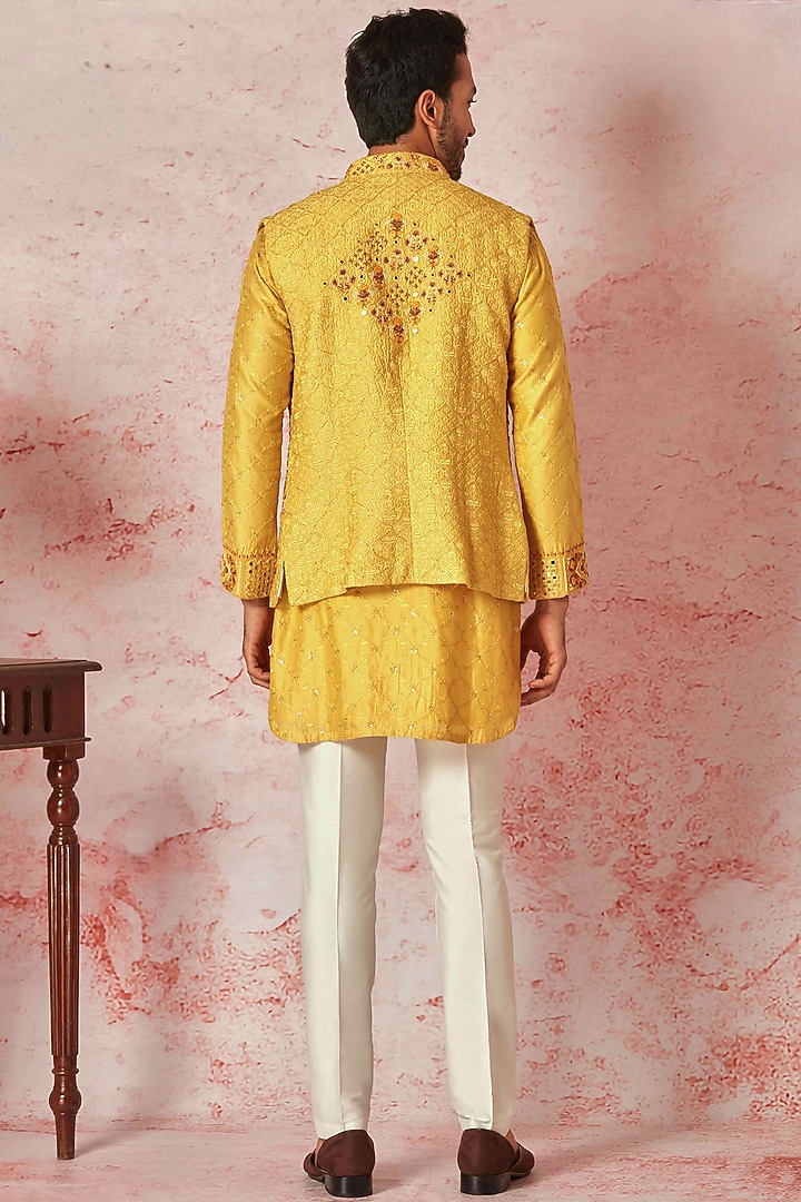 Mustard Chanderi Silk Hand Embroidered Wedding Indowestern Set by ASUKA at Pernia's Pop Up Shop
