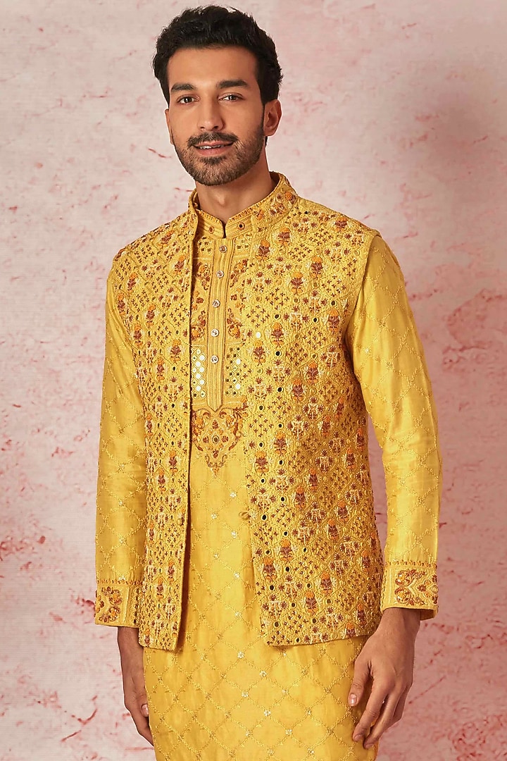 Mustard Chanderi Silk Hand Embroidered Wedding Indowestern Set by ASUKA at Pernia's Pop Up Shop