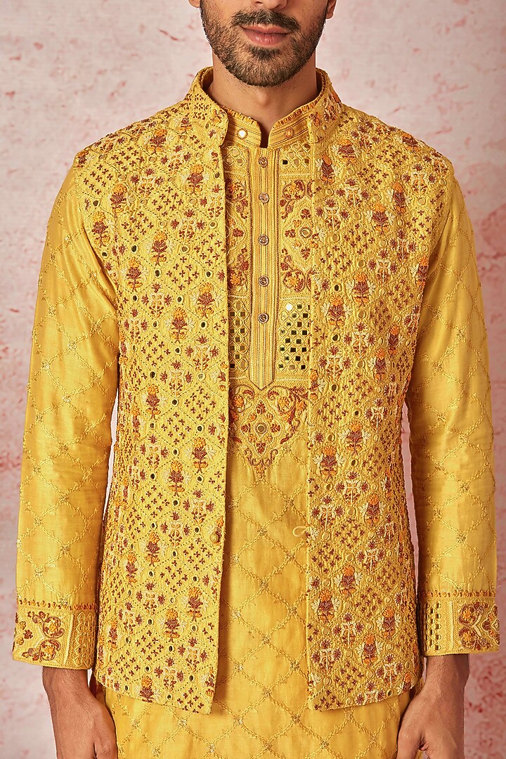 Mustard Chanderi Silk Hand Embroidered Wedding Indowestern Set by ASUKA at Pernia's Pop Up Shop