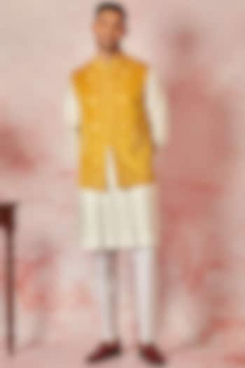 Mustard Velvet Resham Embroidered Bundi Jacket Set by ASUKA
