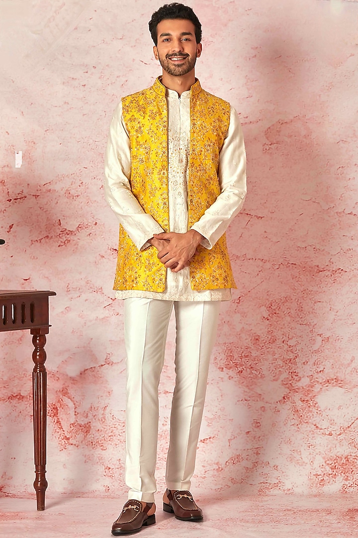 Mustard Raw Silk Resham Embroidered Indowestern Set by ASUKA