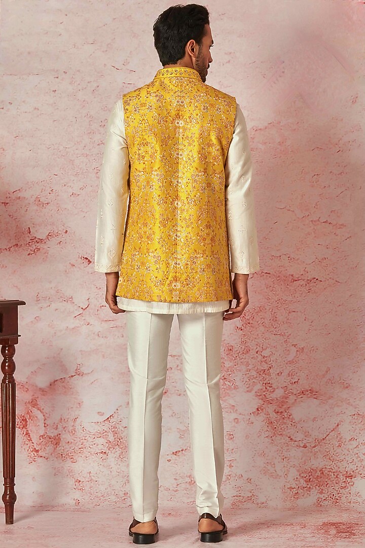 Mustard Raw Silk Resham Embroidered Wedding Indowestern Set by ASUKA at Pernia's Pop Up Shop