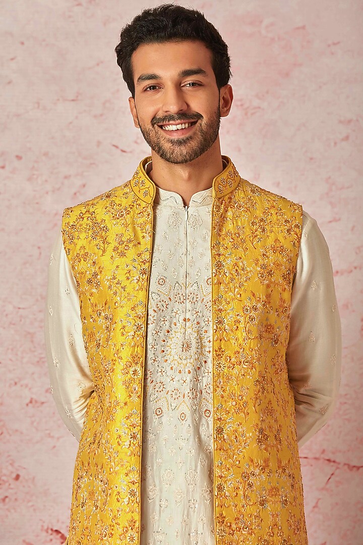 Mustard Raw Silk Resham Embroidered Wedding Indowestern Set by ASUKA at Pernia's Pop Up Shop