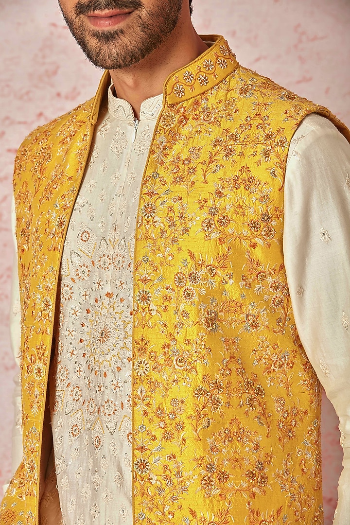 Mustard Raw Silk Resham Embroidered Wedding Indowestern Set by ASUKA at Pernia's Pop Up Shop