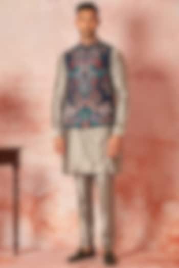 Blue Silk Floral Embroidered Bundi Jacket Set by ASUKA at Pernia's Pop Up Shop