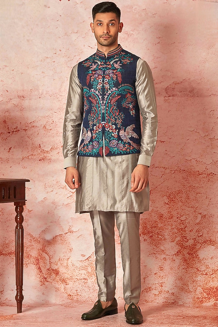 Blue Silk Floral Embroidered Bundi Jacket Set by ASUKA at Pernia's Pop Up Shop