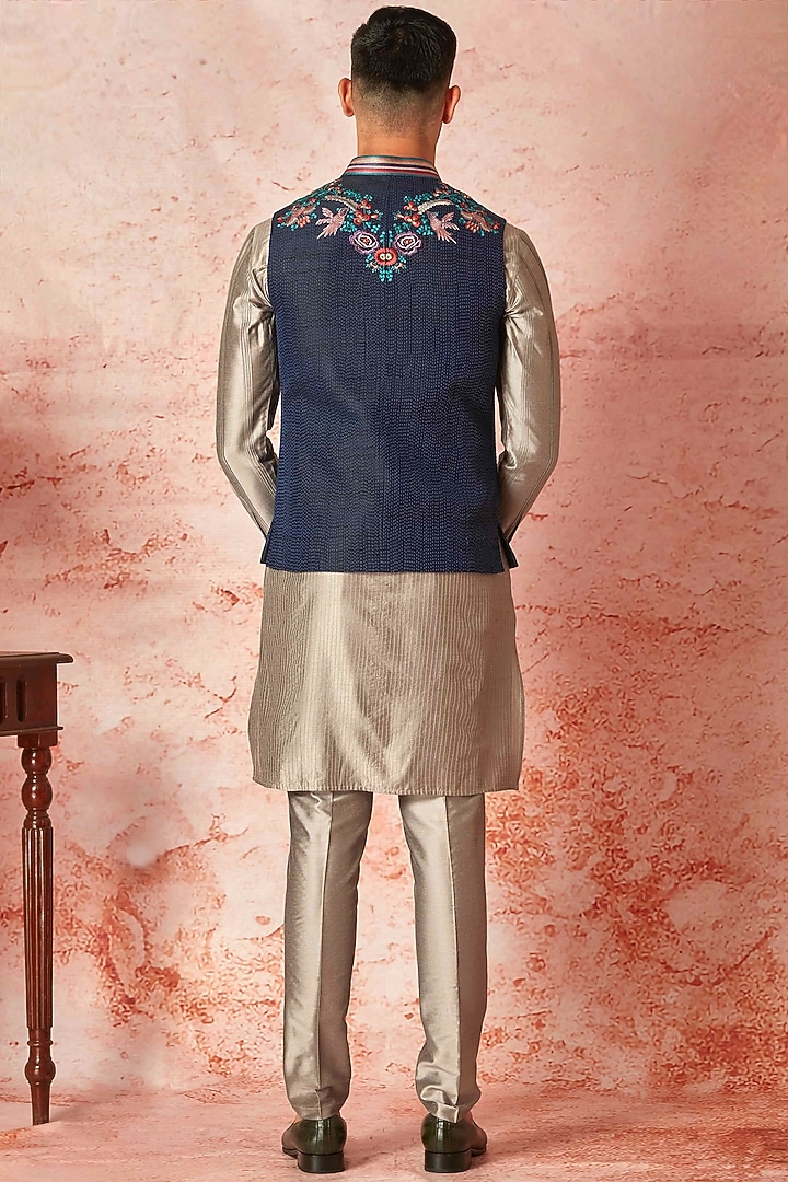 Blue Silk Floral Embroidered Bundi Jacket Set by ASUKA at Pernia's Pop Up Shop