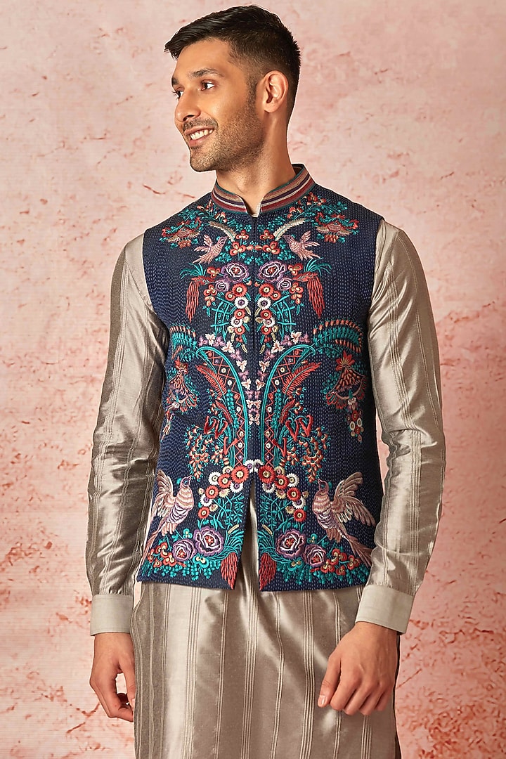 Blue Silk Floral Embroidered Bundi Jacket Set by ASUKA at Pernia's Pop Up Shop