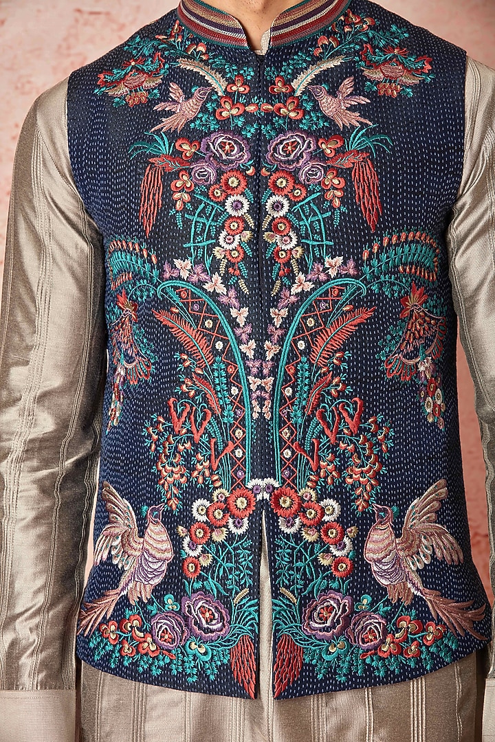 Blue Silk Floral Embroidered Bundi Jacket Set by ASUKA at Pernia's Pop Up Shop