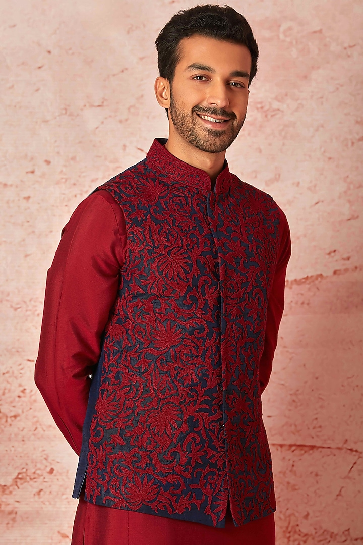Navy Blue Raw Silk Dori Embroidered Bundi Jacket Set by ASUKA at Pernia's Pop Up Shop