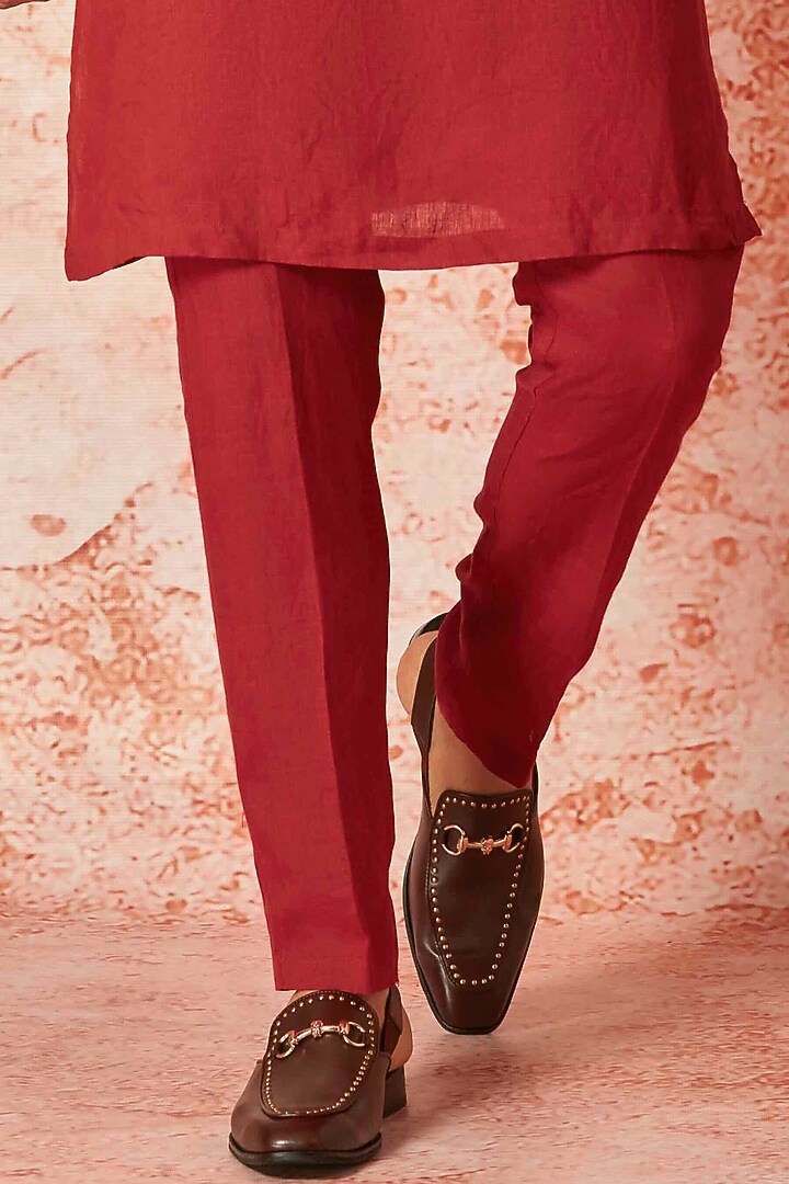 Red Linen Resham Embroidered Bundi Jacket Set by ASUKA at Pernia's Pop Up Shop