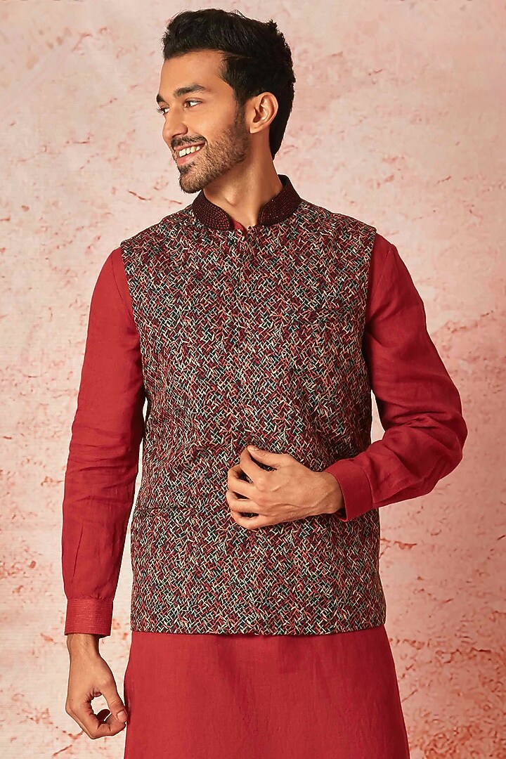 Red Linen Resham Embroidered Bundi Jacket Set by ASUKA at Pernia's Pop Up Shop