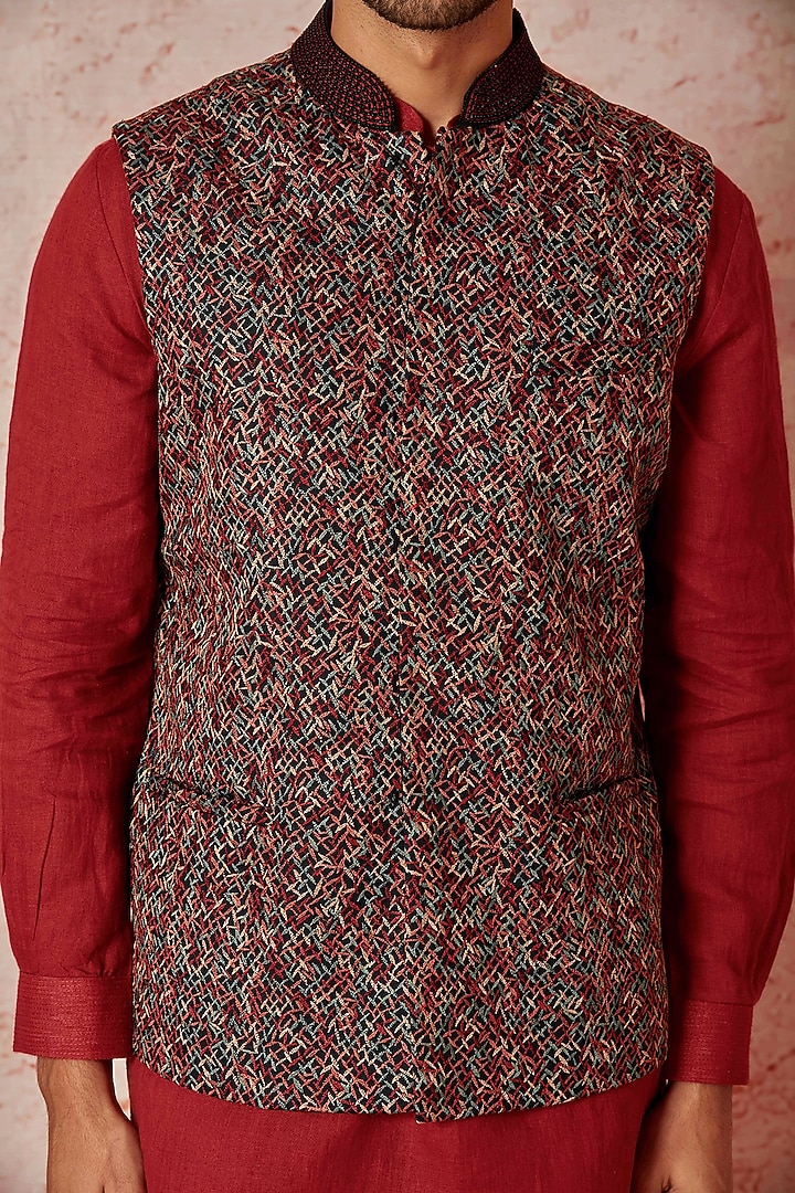 Red Linen Resham Embroidered Bundi Jacket Set by ASUKA at Pernia's Pop Up Shop