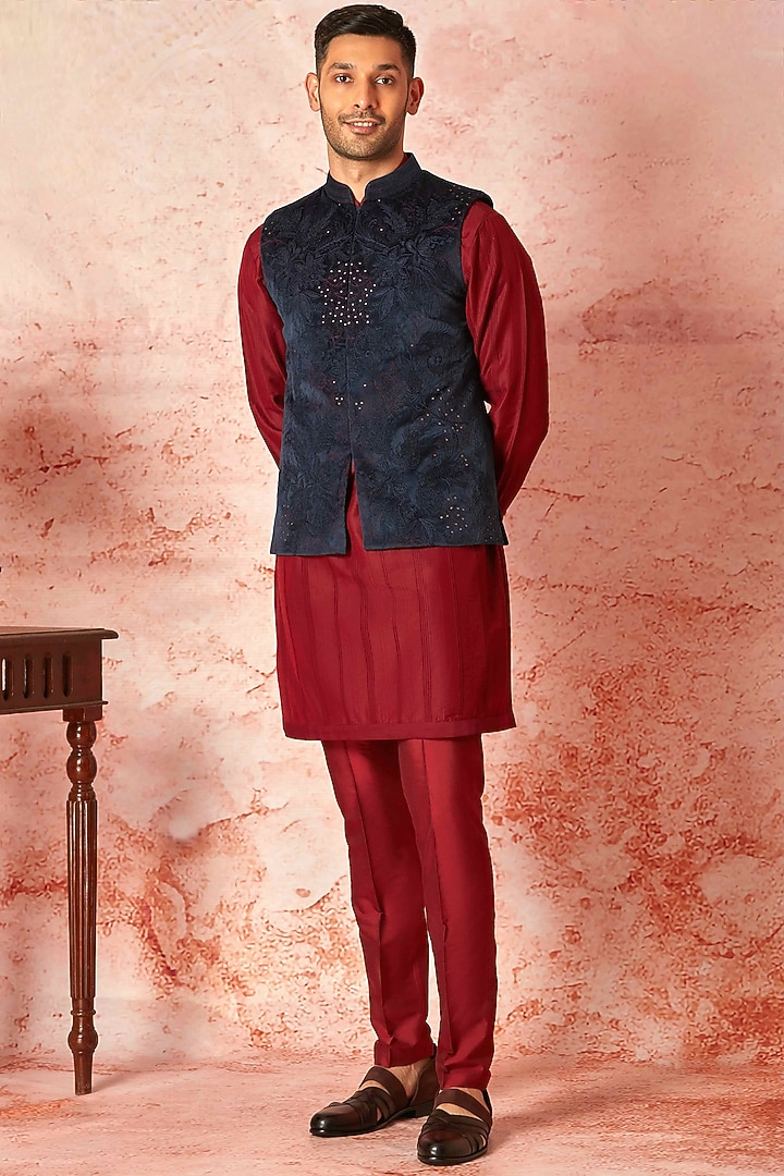 Navy Blue Velvet Sequins Work Bundi Jacket Set by ASUKA at Pernia's Pop Up Shop