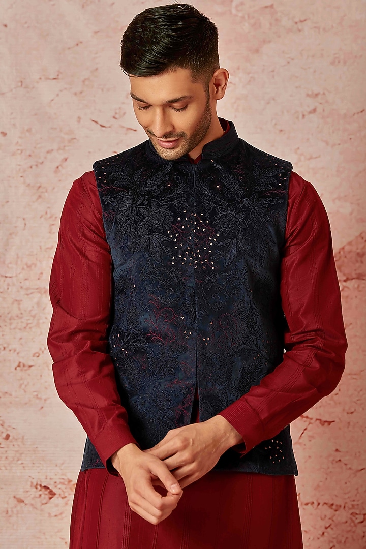 Navy Blue Velvet Sequins Work Bundi Jacket Set by ASUKA at Pernia's Pop Up Shop