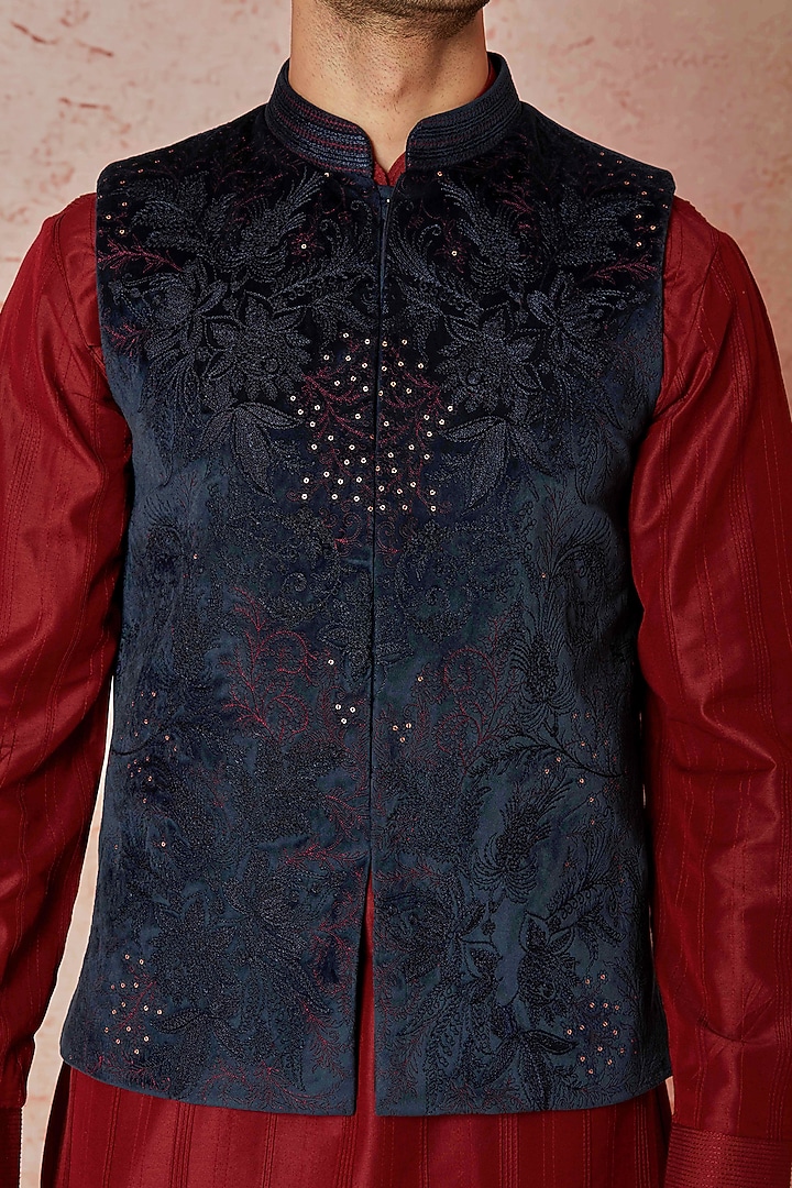 Navy Blue Velvet Sequins Work Bundi Jacket Set by ASUKA at Pernia's Pop Up Shop