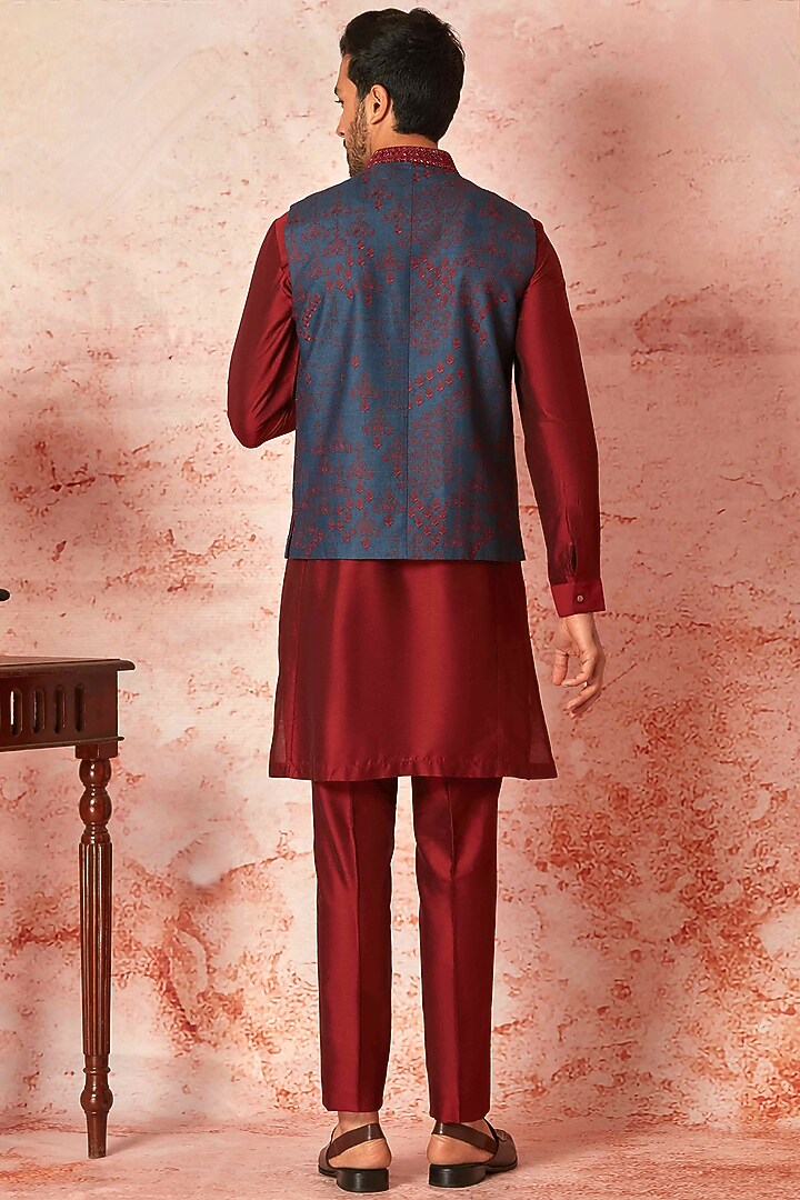 Green & Blue Raw Silk Resham Embroidered Bundi Jacket Set by ASUKA at Pernia's Pop Up Shop