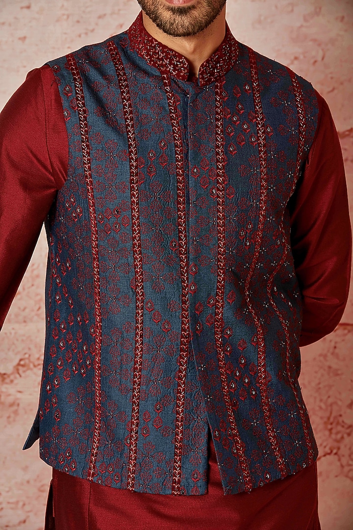 Green & Blue Raw Silk Resham Embroidered Bundi Jacket Set by ASUKA at Pernia's Pop Up Shop