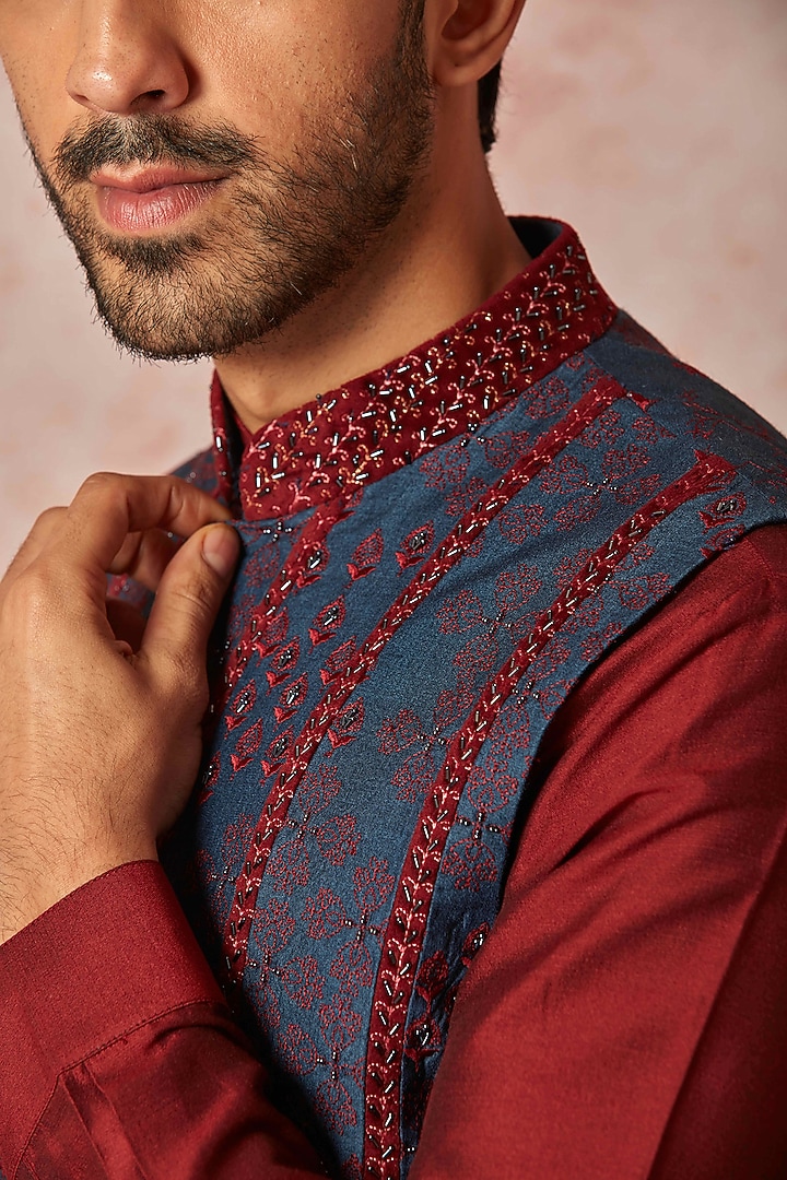 Green & Blue Raw Silk Resham Embroidered Bundi Jacket Set by ASUKA at Pernia's Pop Up Shop
