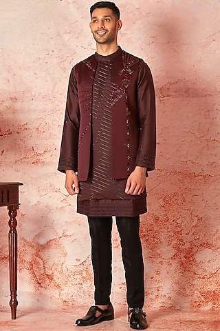 Wine Lachka Hand Embroidered Indowestern Set by ASUKA