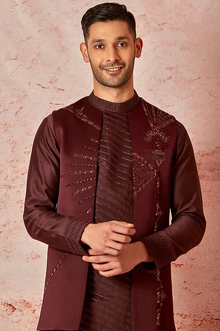 Wine Lachka Hand Embroidered Wedding Indowestern Set by ASUKA at Pernia's Pop Up Shop