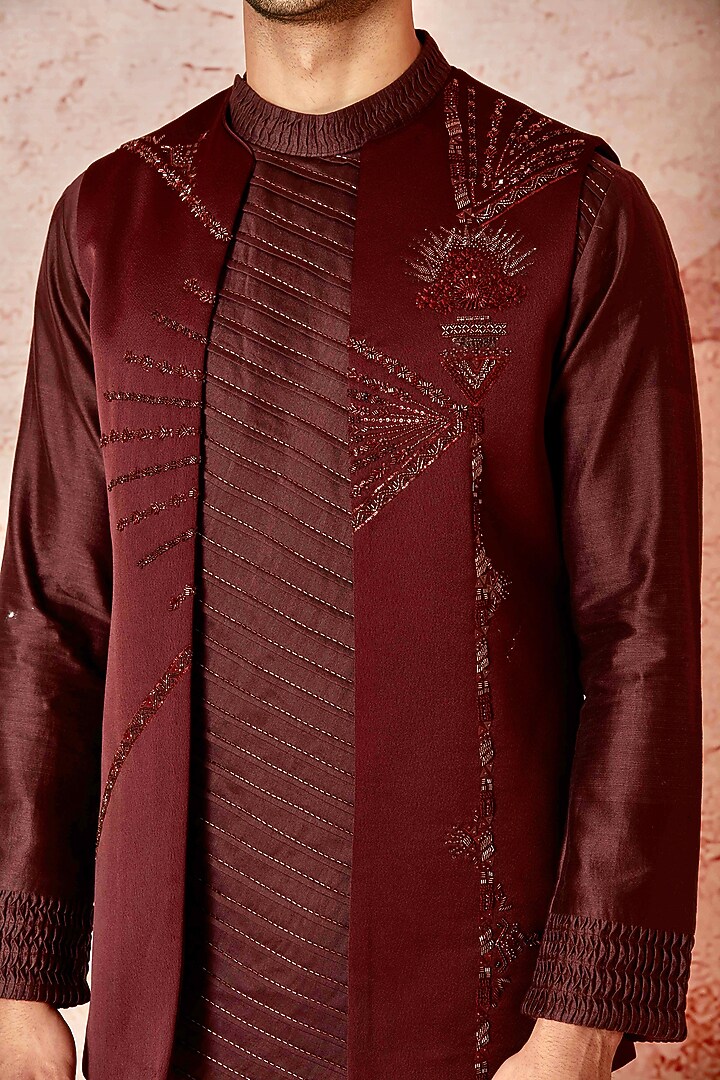Wine Lachka Hand Embroidered Wedding Indowestern Set by ASUKA at Pernia's Pop Up Shop