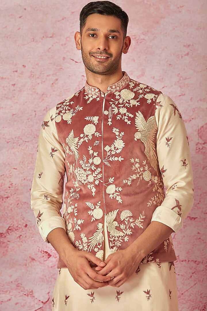 Pink Velvet Dori Embroidered Bundi Jacket Set by ASUKA at Pernia's Pop Up Shop