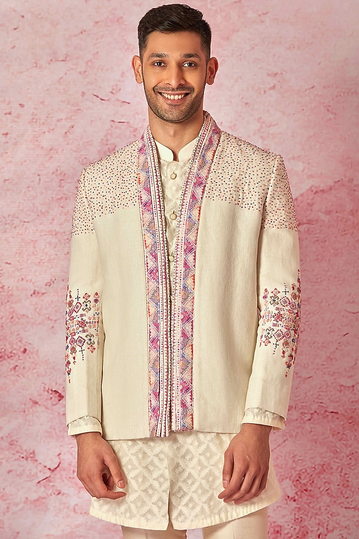Cream Pure Linen French Knot Embroidered Wedding Bandhgala Set by ASUKA at Pernia's Pop Up Shop