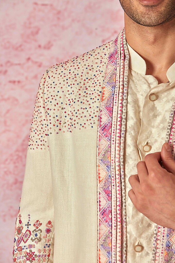 Cream Pure Linen French Knot Embroidered Wedding Bandhgala Set by ASUKA at Pernia's Pop Up Shop