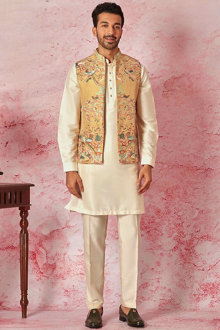 Cream Chanderi Silk & Cotton Silk Resham Embroidered Indowestern Set by ASUKA at Pernia's Pop Up Shop