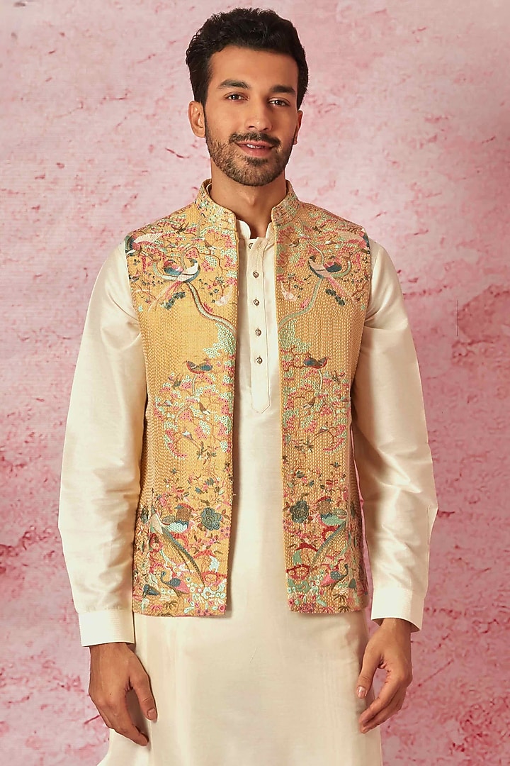 Cream Chanderi Silk & Cotton Silk Resham Embroidered Indowestern Set by ASUKA at Pernia's Pop Up Shop