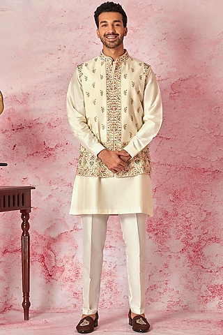 Cream Chanderi Silk Resham Embroidered Bundi Jacket Set by ASUKA