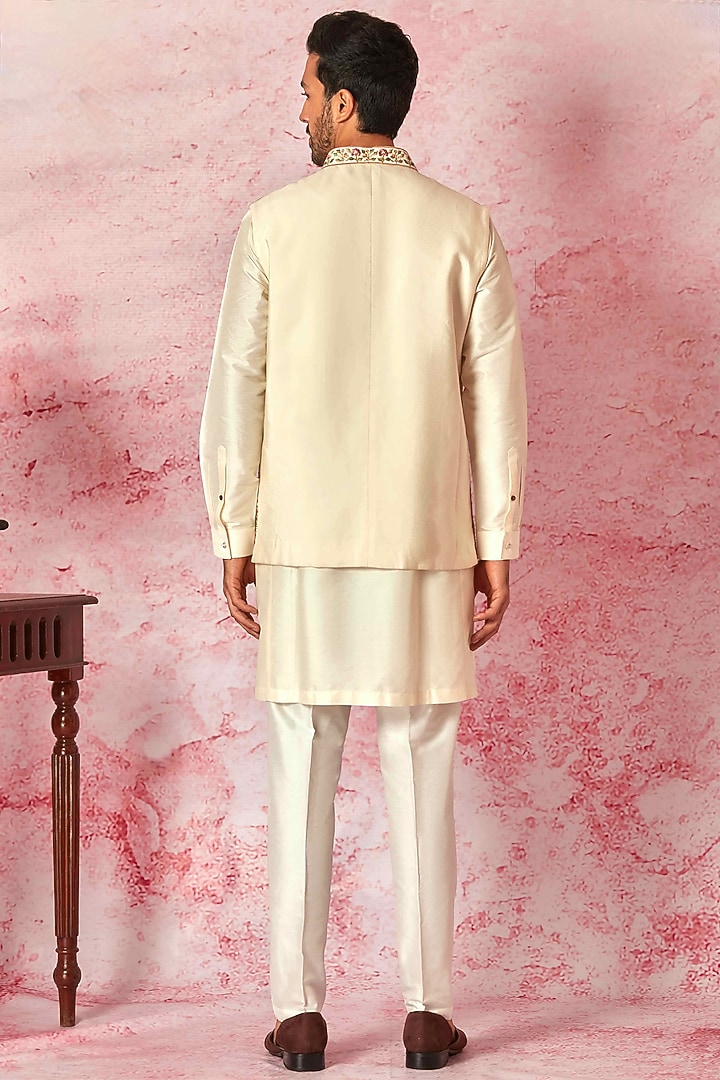 Cream Chanderi Silk Resham Embroidered Bundi Jacket Set by ASUKA at Pernia's Pop Up Shop