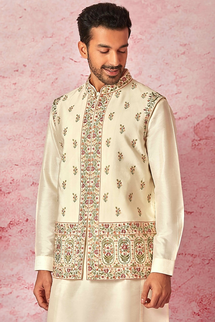 Cream Chanderi Silk Resham Embroidered Bundi Jacket Set by ASUKA at Pernia's Pop Up Shop