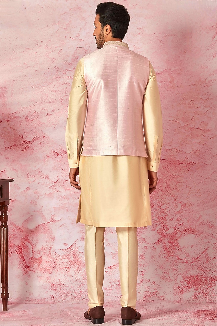 Pink Raw Silk Embroidered Bundi Jacket Set by ASUKA at Pernia's Pop Up Shop